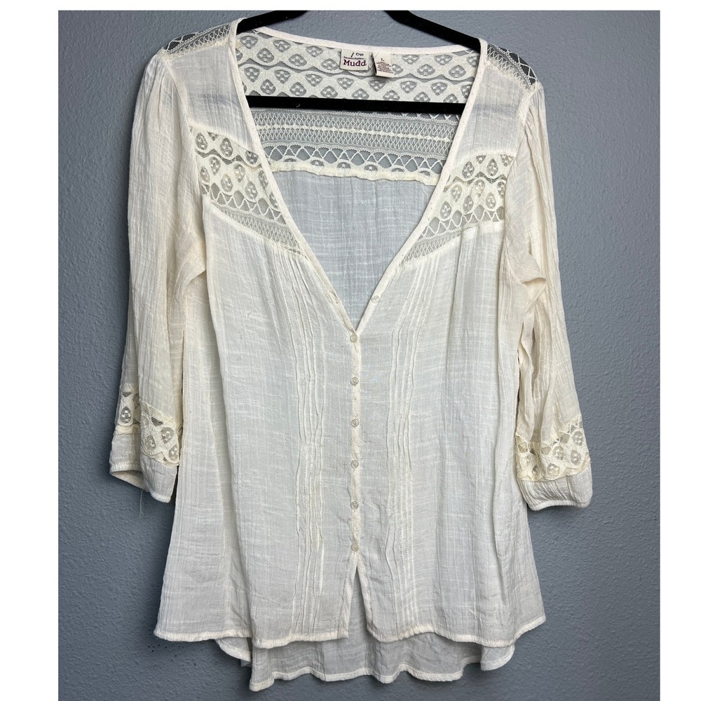 Mudd Lg Ivory Crochet Lace Peasant Cottagecore Blouse 3/4 Sleeve Button Front